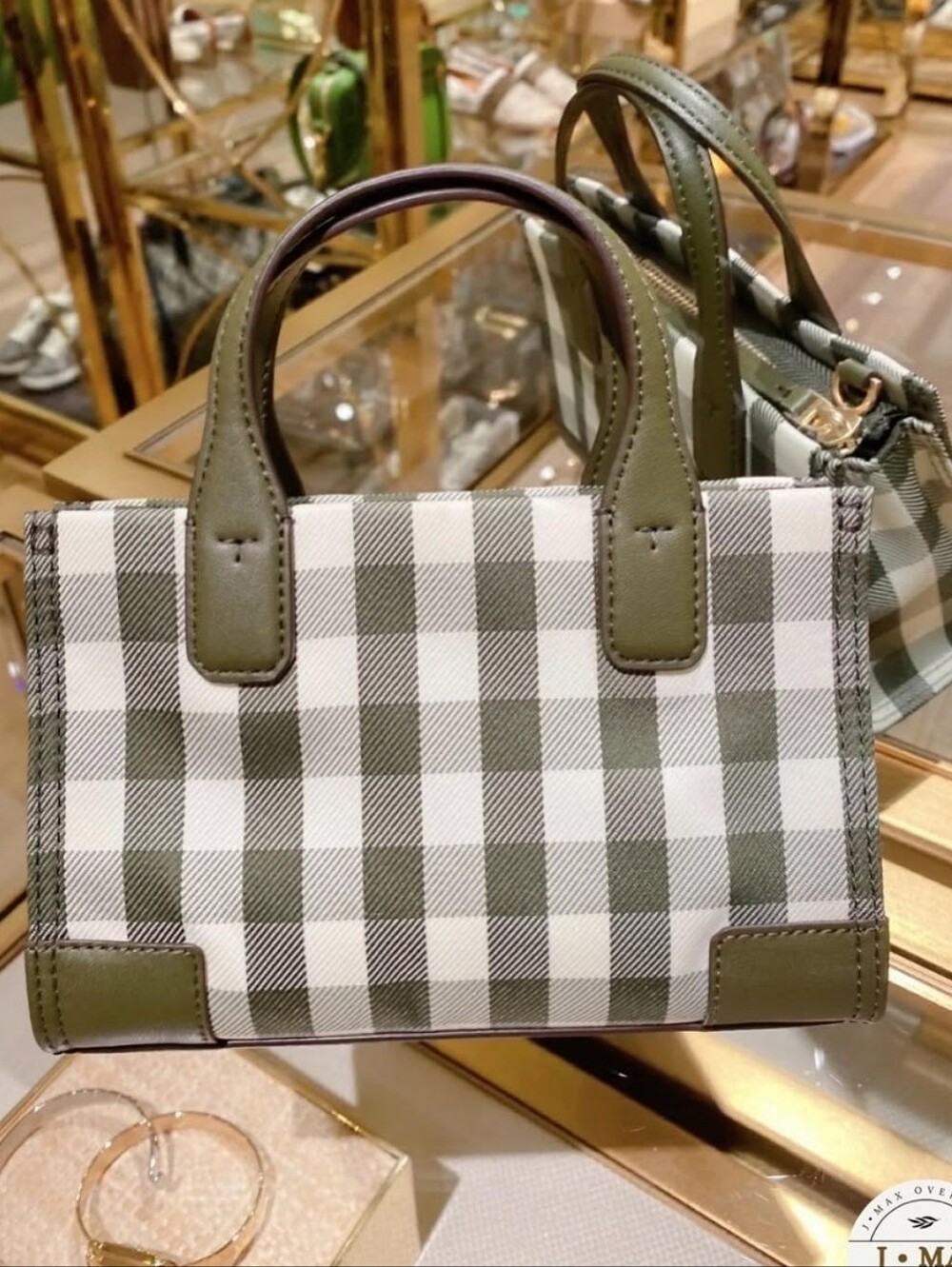 Tory Burch ‘Ella’ Olive Green and White Gingham Mini Tote - Picture 2 of 10